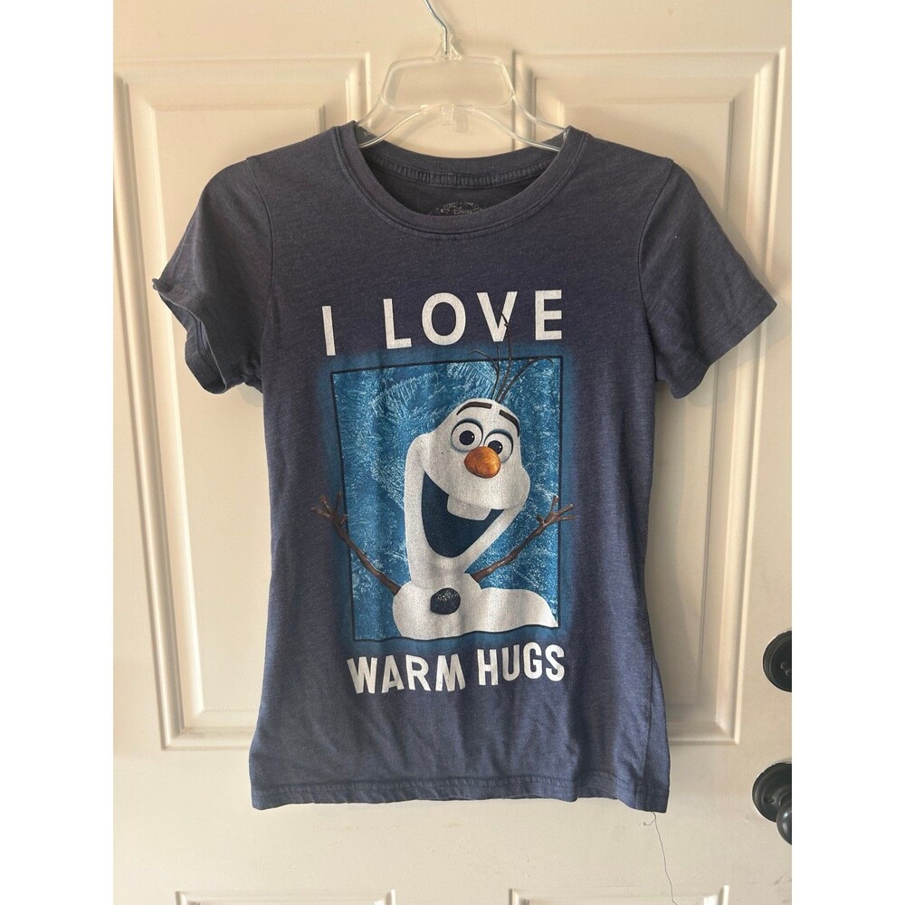 Disney’s Frozen's Olaf Women’s Med Blue T-shirt  I Love Warm Hugs Short Sleeve